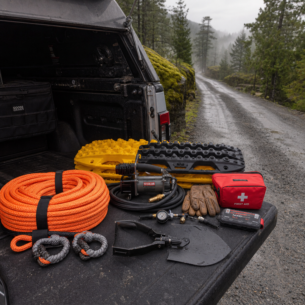 Off-road gear laid out on tailgate in BC forest — traction boards, recovery rope, air compressor