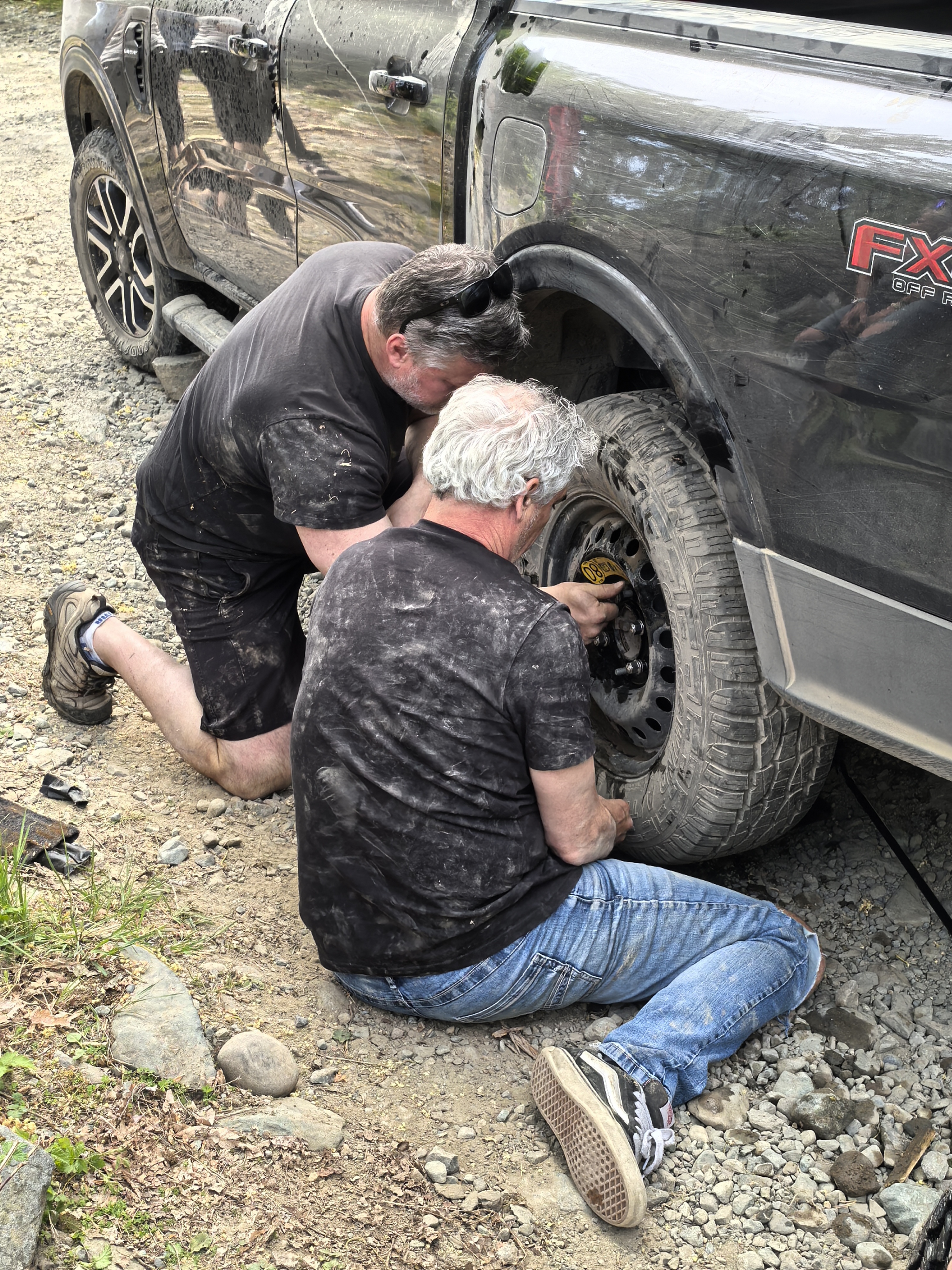 A tire punctured by sharp rocks — changing tires on the trail is not uncommon