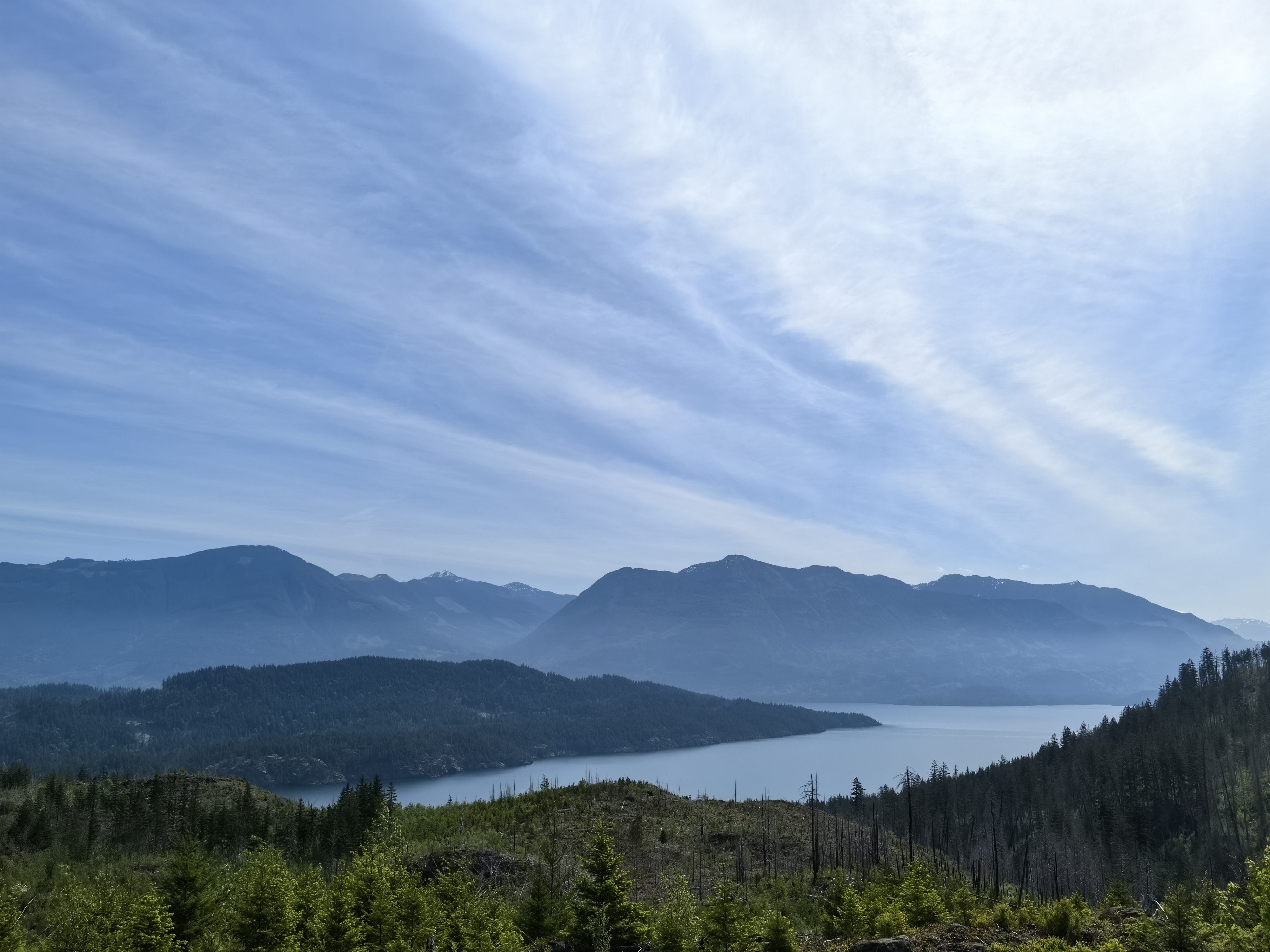 Newbie Run convoy departing along Hale Creek FSR with Harrison Lake view