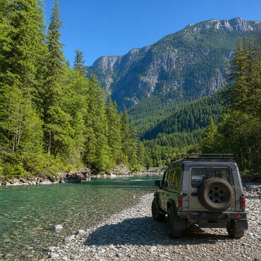 Off-road vehicle parked beside the Mamquam River in Squamish, BC with forested mountain backdrop