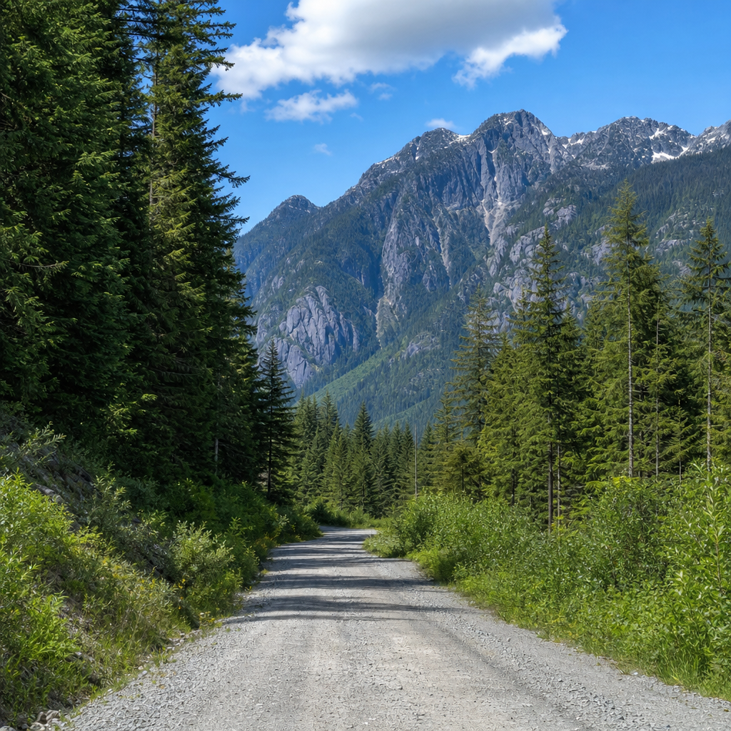 Squamish Valley FSR gravel road winding through forest with mountain views in background